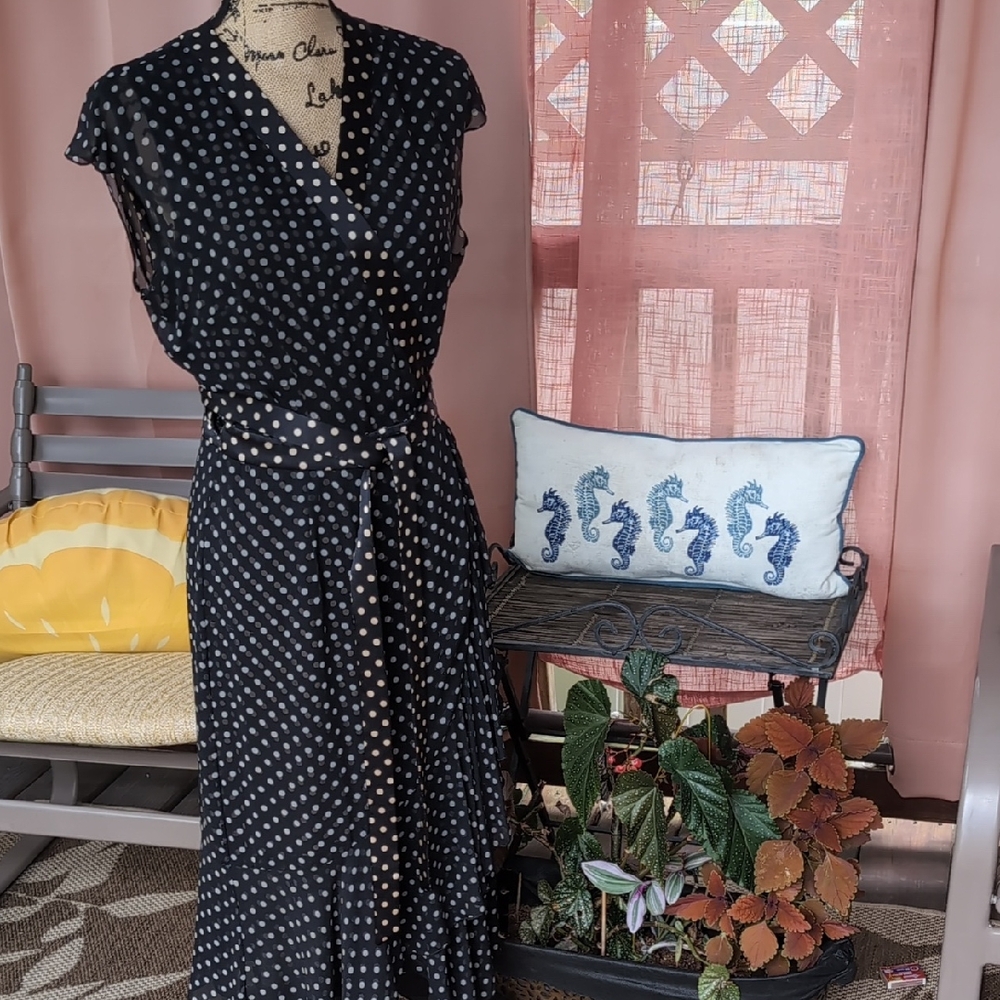 Etcetera Black and White Asymmetrical Polka Dot Wrap Dress